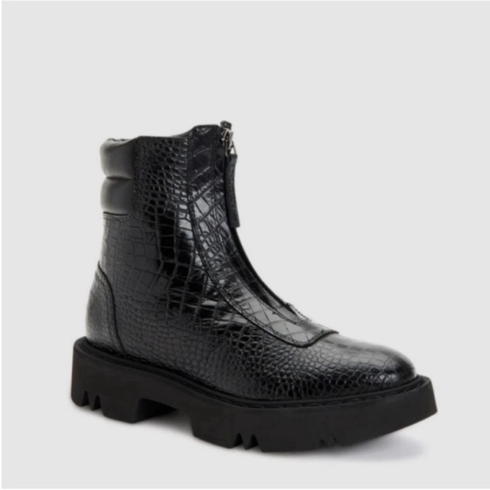 Aquatalia Combat Weatherproof Boots Moto Croc Embossed Leather Black Size 10.5